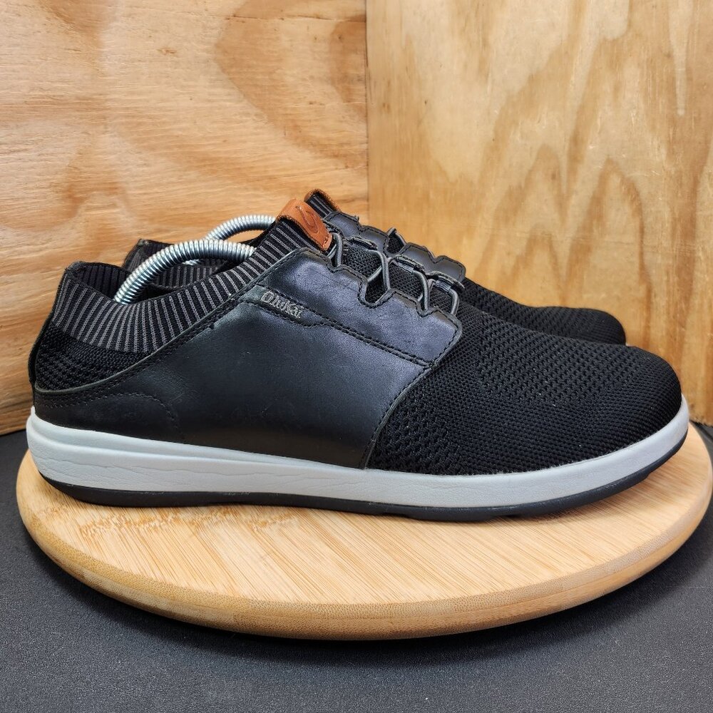 OluKai Men's Black and White Knit Slip-On Sneakers with Tan Accent